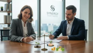 Entrepreneur indépendant signant un contrat avec une société partenaire, ambiance de bureau moderne, expression confiante, symbolisant autonomie, accompagnement, avantages et limites professionnelles