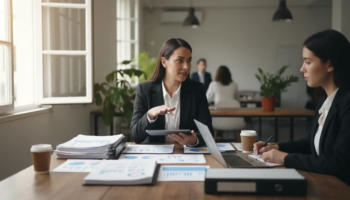 Independent consultant working confidently with administrative support and business documents on desk