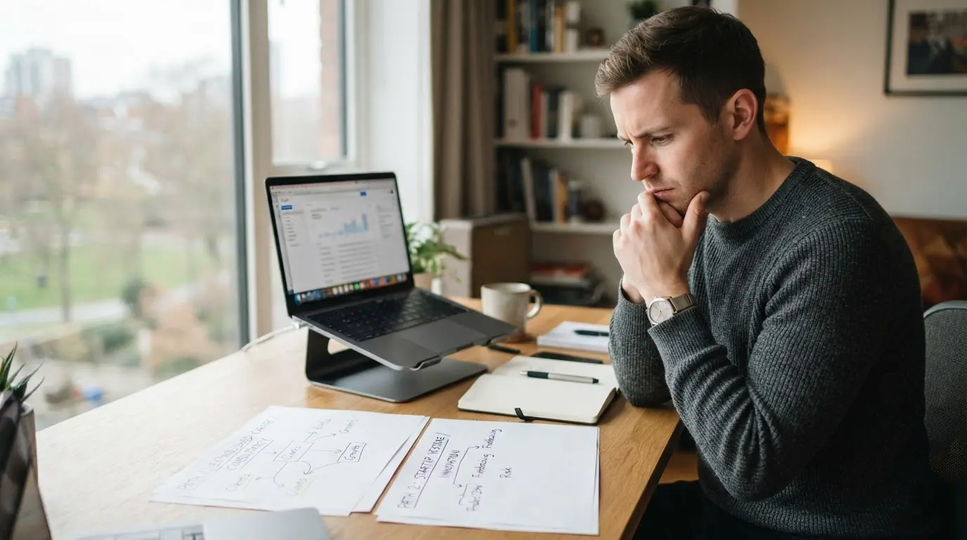 Indépendant hésitant entre deux chemins professionnels, documents et ordinateur sur bureau moderne, ambiance sérieuse, lumière naturelle, style réaliste professionnel.