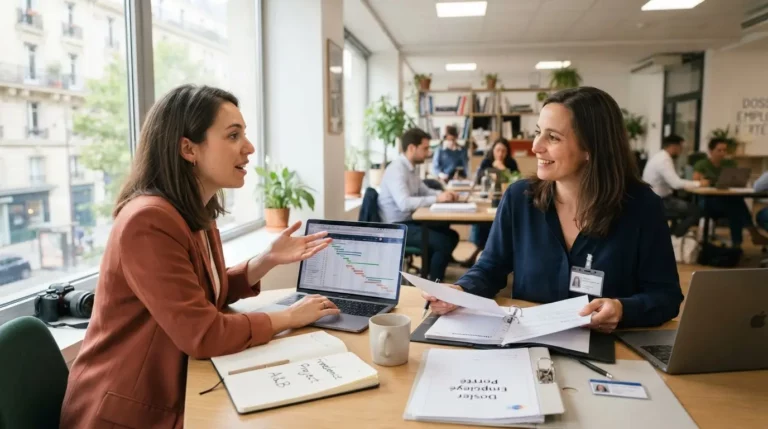 Deux professionnels en bureau lumineux, l’un indépendant, l’autre en collaboration administrative, illustrant la comparaison entre portage entrepreneurial et portage salarial.