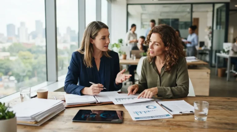 Deux professionnels en discussion, dossiers et documents sur une table, ambiance bureau moderne, photo réaliste sur deux formes de travail.