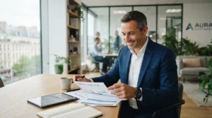 Entrepreneur souriant dans un bureau moderne, consultant des documents, évoquant liberté, sécurité et accompagnement professionnel.