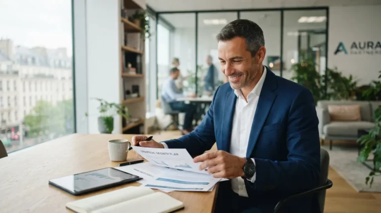 Entrepreneur souriant dans un bureau moderne, consultant des documents, évoquant liberté, sécurité et accompagnement professionnel.