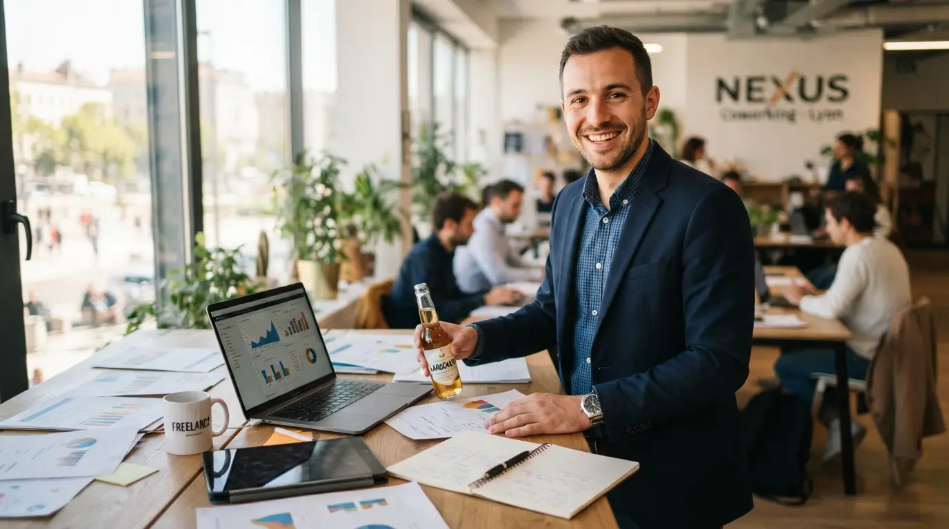Entrepreneur souriant devant un bureau moderne, illustrant le lancement d’une activité en portage entrepreneurial, ambiance dynamique, documents et ordinateur.