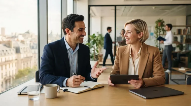 Consultant indépendant souriant discutant avec une cliente dans un bureau moderne lumineux, ambiance professionnelle, symbolisant la sécurité et la liberté du portage entrepreneurial.