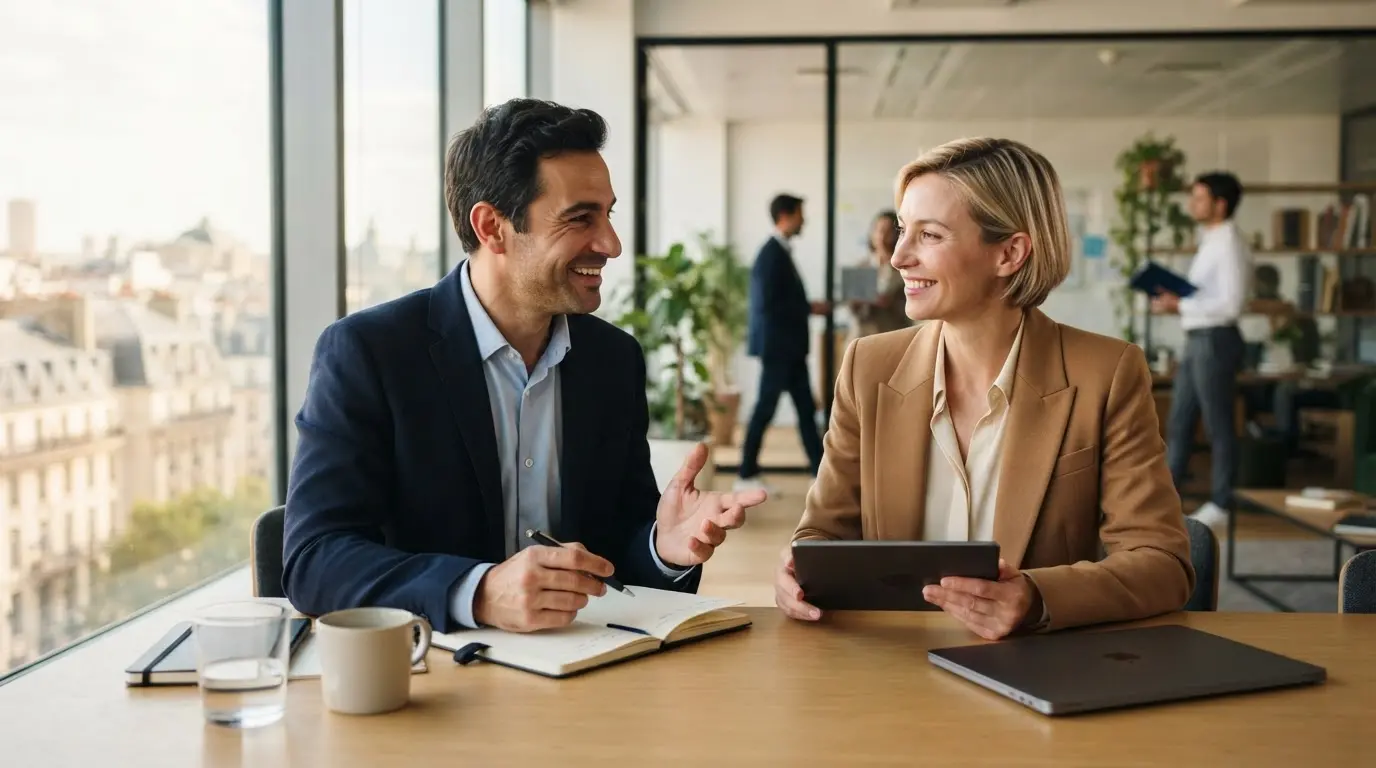 Consultant indépendant souriant discutant avec une cliente dans un bureau moderne lumineux, ambiance professionnelle, symbolisant la sécurité et la liberté du portage entrepreneurial.