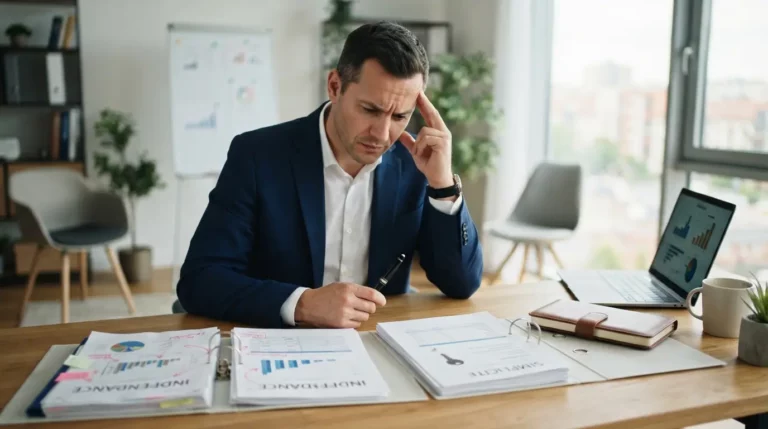 Image réaliste d’un entrepreneur hésitant entre deux solutions, bureau moderne, documents financiers, ambiance professionnelle, comparaison entre indépendance et simplicité.