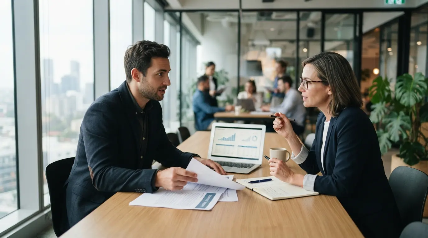 Professionnel en discussion avec un consultant, documents et ordinateur sur une table, ambiance de bureau moderne, illustrant le portage entrepreneurial.