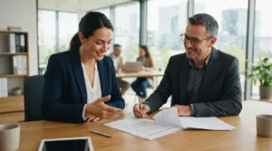 Une entrepreneuse signe un contrat avec un conseiller, illustrant confiance, autonomie, accompagnement professionnel et sécurité juridique dans un bureau moderne.