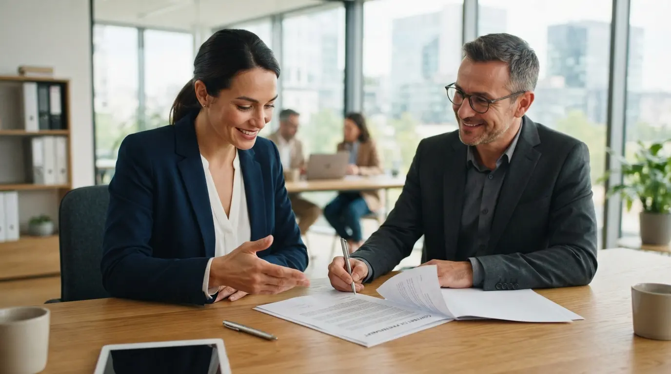 Une entrepreneuse signe un contrat avec un conseiller, illustrant confiance, autonomie, accompagnement professionnel et sécurité juridique dans un bureau moderne.