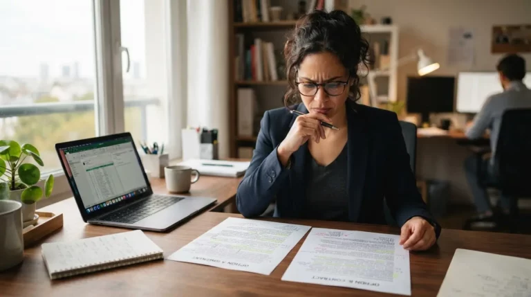 Un indépendant hésitant entre deux options juridiques, bureau moderne, documents, ordinateur portable, ambiance professionnelle, lumière naturelle, style réaliste.