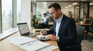 Portrait d’un consultant en bureau, calculant ses tarifs avec documents et ordinateur, ambiance professionnelle, moderne, réaliste.