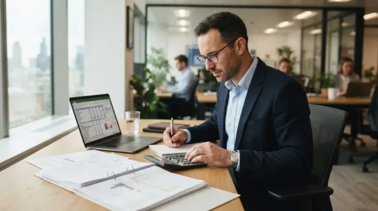 Portrait d’un consultant en bureau, calculant ses tarifs avec documents et ordinateur, ambiance professionnelle, moderne, réaliste.