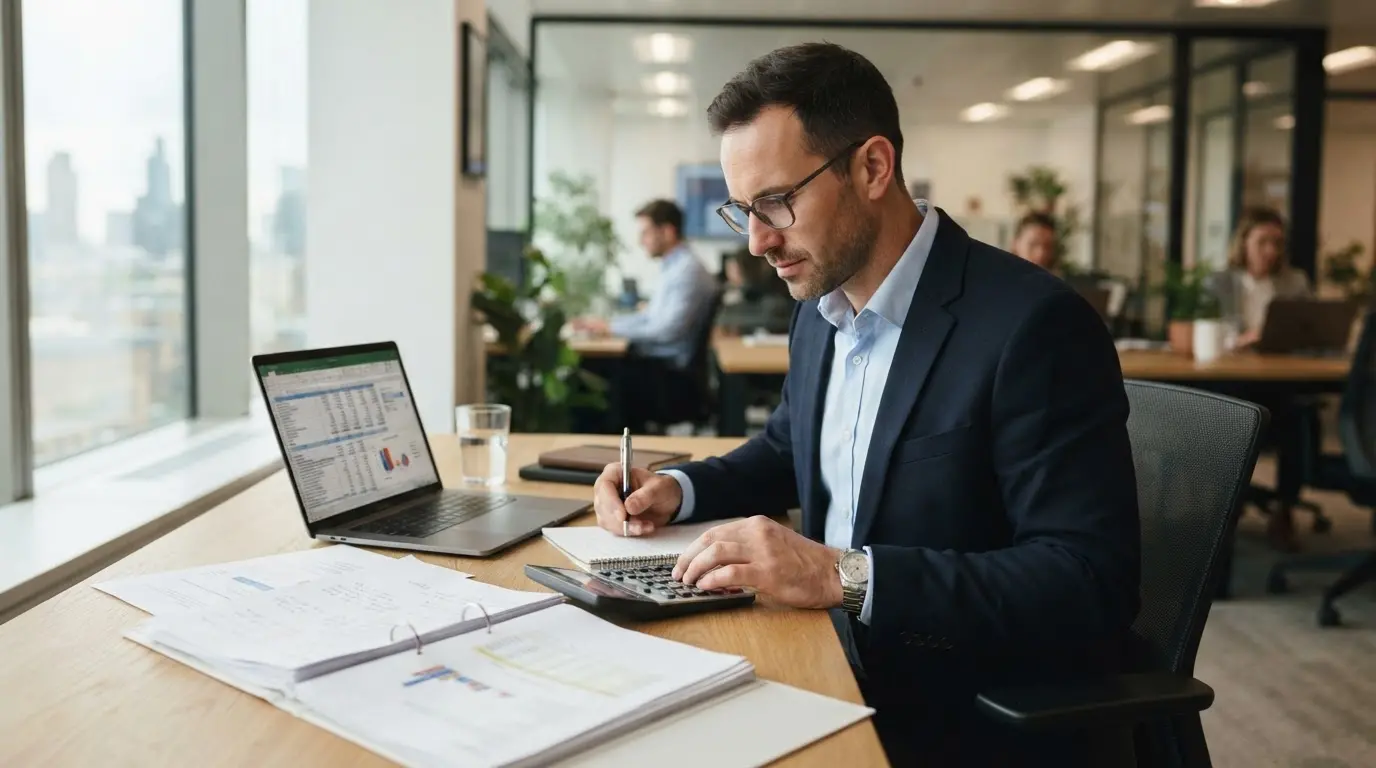 Portrait d’un consultant en bureau, calculant ses tarifs avec documents et ordinateur, ambiance professionnelle, moderne, réaliste.