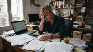 Un entrepreneur inquiet devant des contrats et des factures, dans un bureau sobre, illustrant les limites et la complexité du portage entrepreneurial.