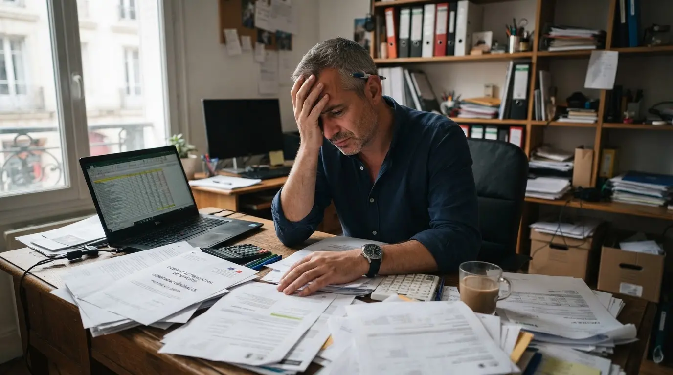 Un entrepreneur inquiet devant des contrats et des factures, dans un bureau sobre, illustrant les limites et la complexité du portage entrepreneurial.