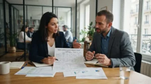 Deux entrepreneurs en discussion dans un bureau moderne, documents comparatifs sur la table, ambiance professionnelle, illustrant le choix entre deux statuts d’entreprise.