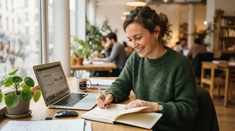 Consultant indépendant souriant calculant ses tarifs