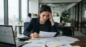 Entrepreneur inquiet examinant des documents financiers dans un bureau moderne, ambiance sérieuse, illustrant les risques et les incertitudes du portage entrepreneurial.