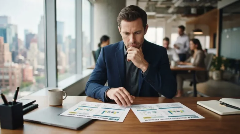 Photo réaliste d’un entrepreneur hésitant entre deux options, documents professionnels sur bureau, ambiance moderne, lumière naturelle, style éditorial sérieux.