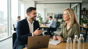 Jeune consultant souriant devant un bureau moderne, discutant avec un client potentiel, ambiance professionnelle, confiance, recherche des premiers clients.