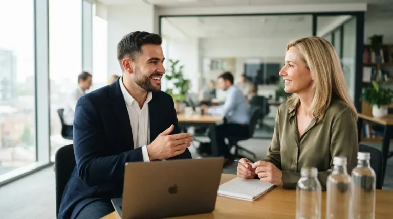 Jeune consultant souriant devant un bureau moderne, discutant avec un client potentiel, ambiance professionnelle, confiance, recherche des premiers clients.