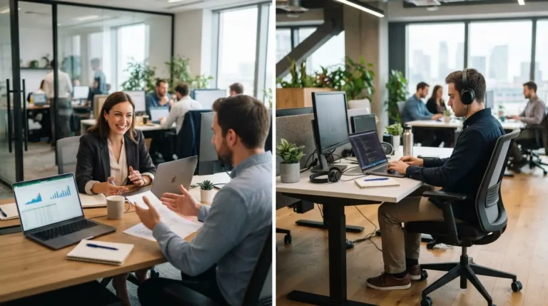 Image réaliste et professionnelle montrant deux professionnels comparés côte à côte, l’un accompagné en bureau, l’autre travaillant seul en autonomie, ambiance moderne.