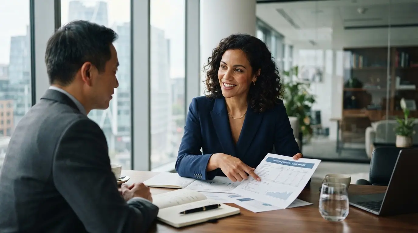 Professionnel confiant discutant d’honoraires autour d’une table, documents financiers visibles, ambiance moderne, réaliste, élégante, collaborative et persuasive.