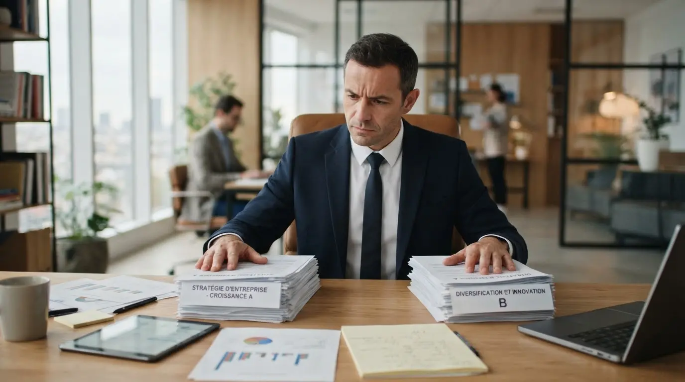 Professionnel en costume hésitant entre deux voies, bureau moderne, ambiance sérieuse, documents de conseil et esprit entrepreneurial, image réaliste et professionnelle.