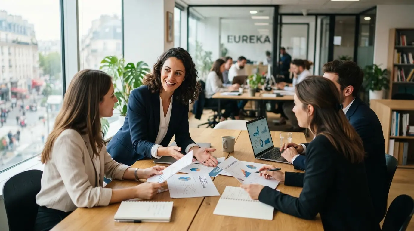 Professionnel en portage entrepreneurial échangeant avec des clients potentiels dans un bureau moderne, ambiance dynamique, documents commerciaux et ordinateur sur la table.