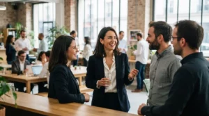 Professionnelle souriante en tenue élégante échangeant avec plusieurs contacts dans un espace de coworking lumineux, ambiance de réseautage dynamique et crédible.