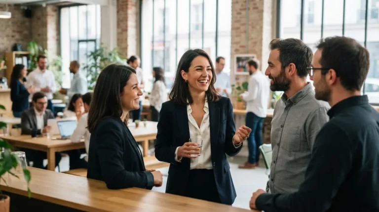 Professionnelle souriante en tenue élégante échangeant avec plusieurs contacts dans un espace de coworking lumineux, ambiance de réseautage dynamique et crédible.