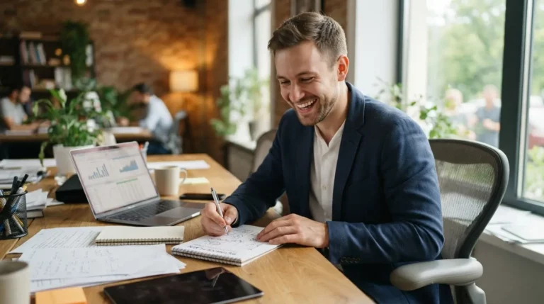 Entrepreneur souriant préparant la création de son entreprise sur un bureau, avec documents, ordinateur portable et ambiance